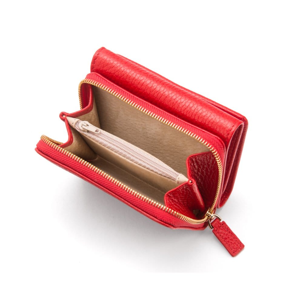 RFID blocking leather tri-fold purse, red, open
