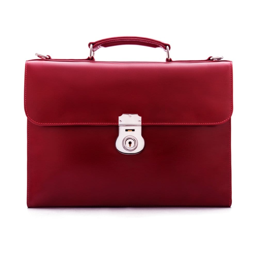Red Vintage Leather Wall Street Briefcase With Silver Brass Lock