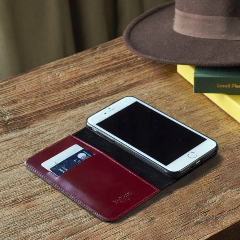 Leather iPhone 7 Plus and 8  Plus wallet case, red, lifestyle