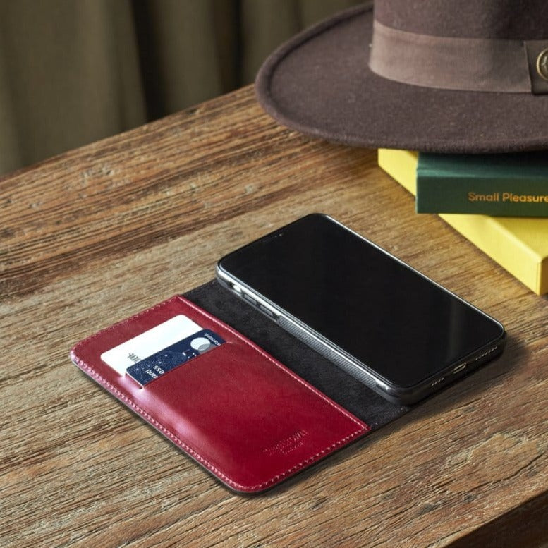Leather iPhone 11 Pro Max wallet case, red, lifestyle
