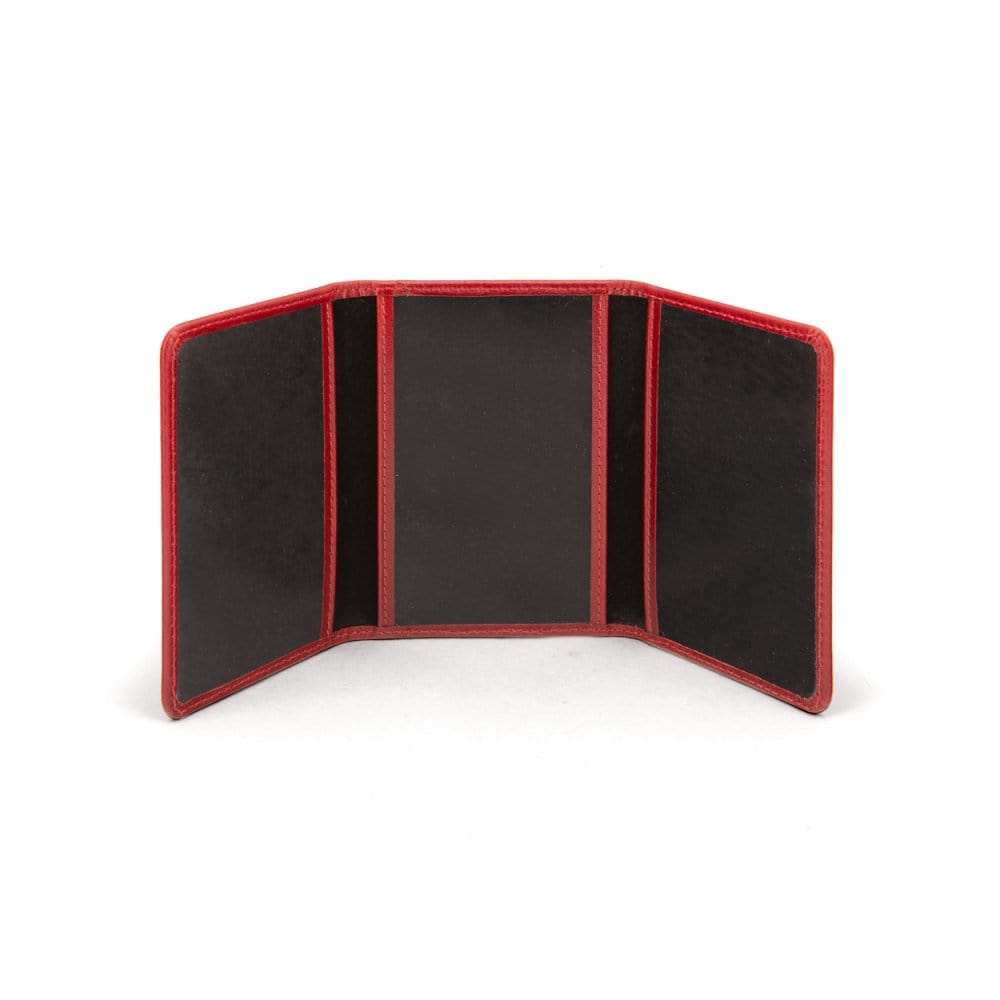 Leather tri-fold travel card holder, red, open