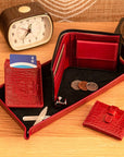 Rectangular leather valet tray, red with black, lifestyle