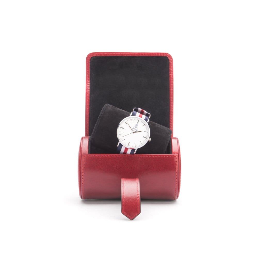 Small leather watch roll, red, inside