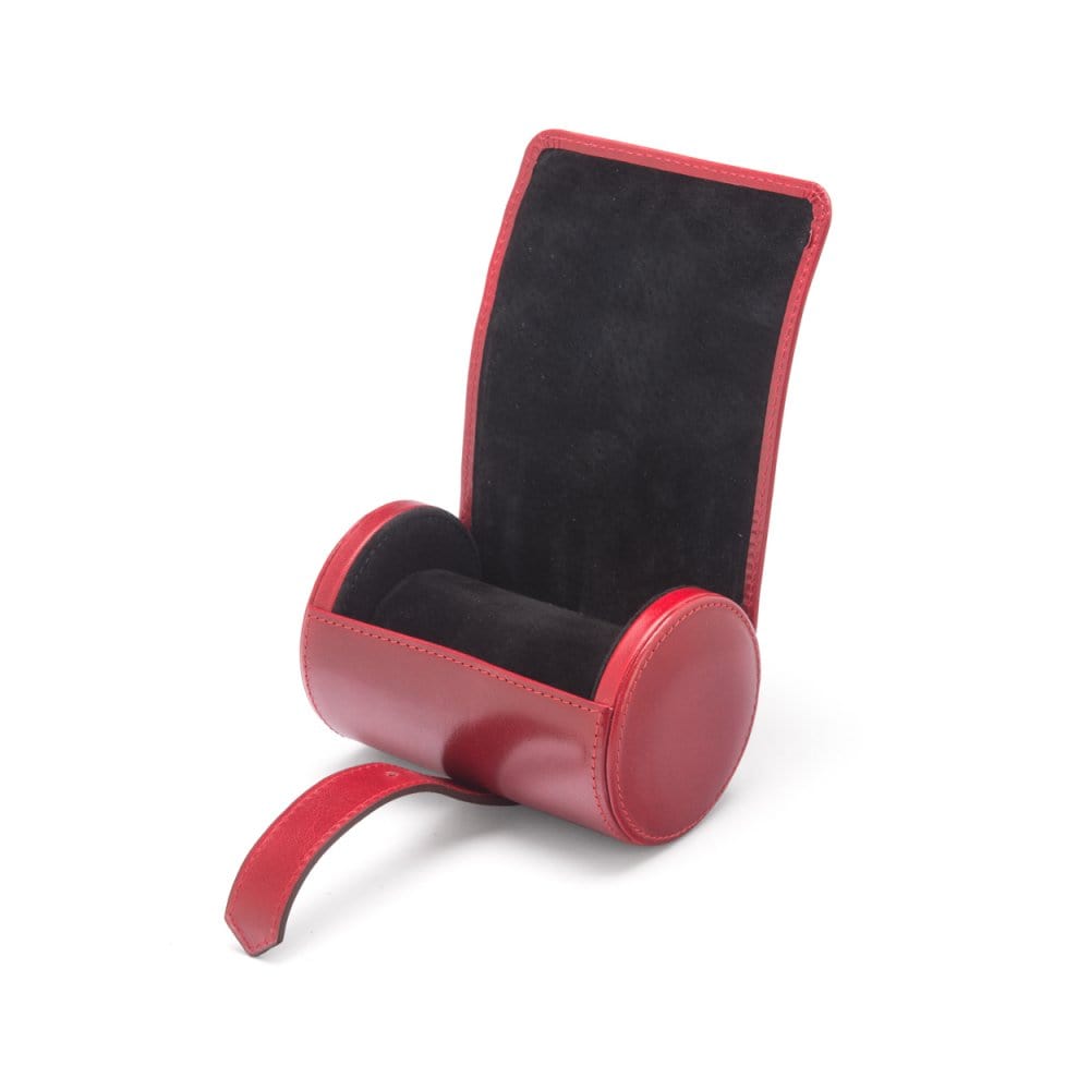 Small leather watch roll, red, open