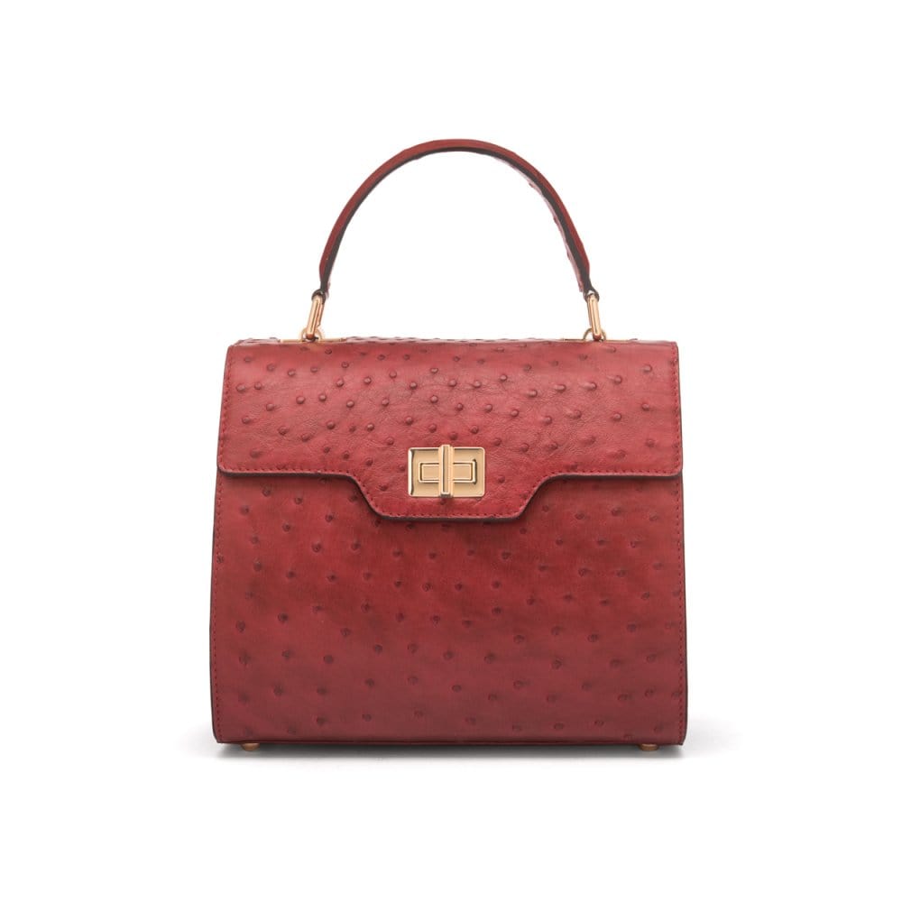 Real ostrich top handle bag, russet, front view