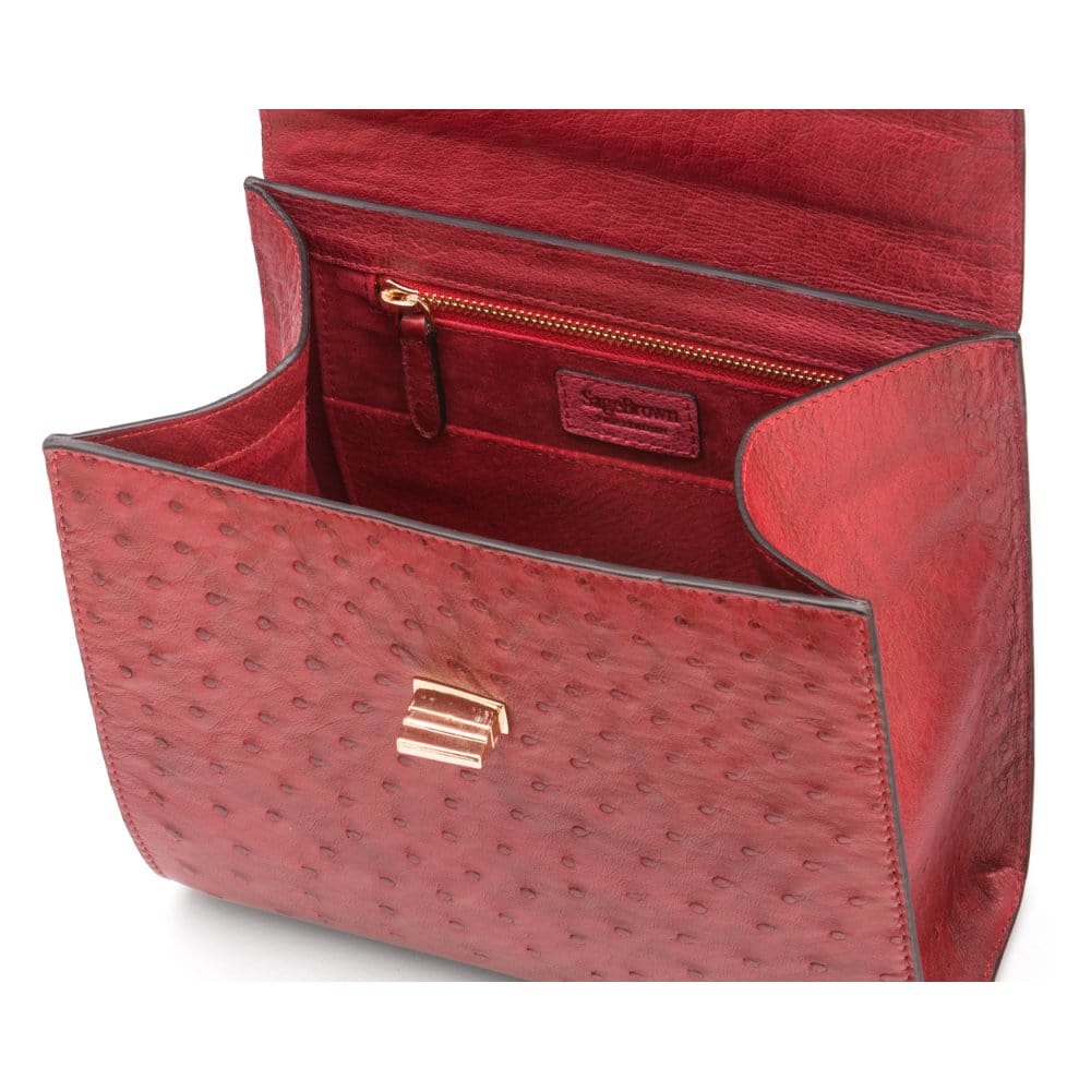 Real ostrich top handle bag, russet, inside view