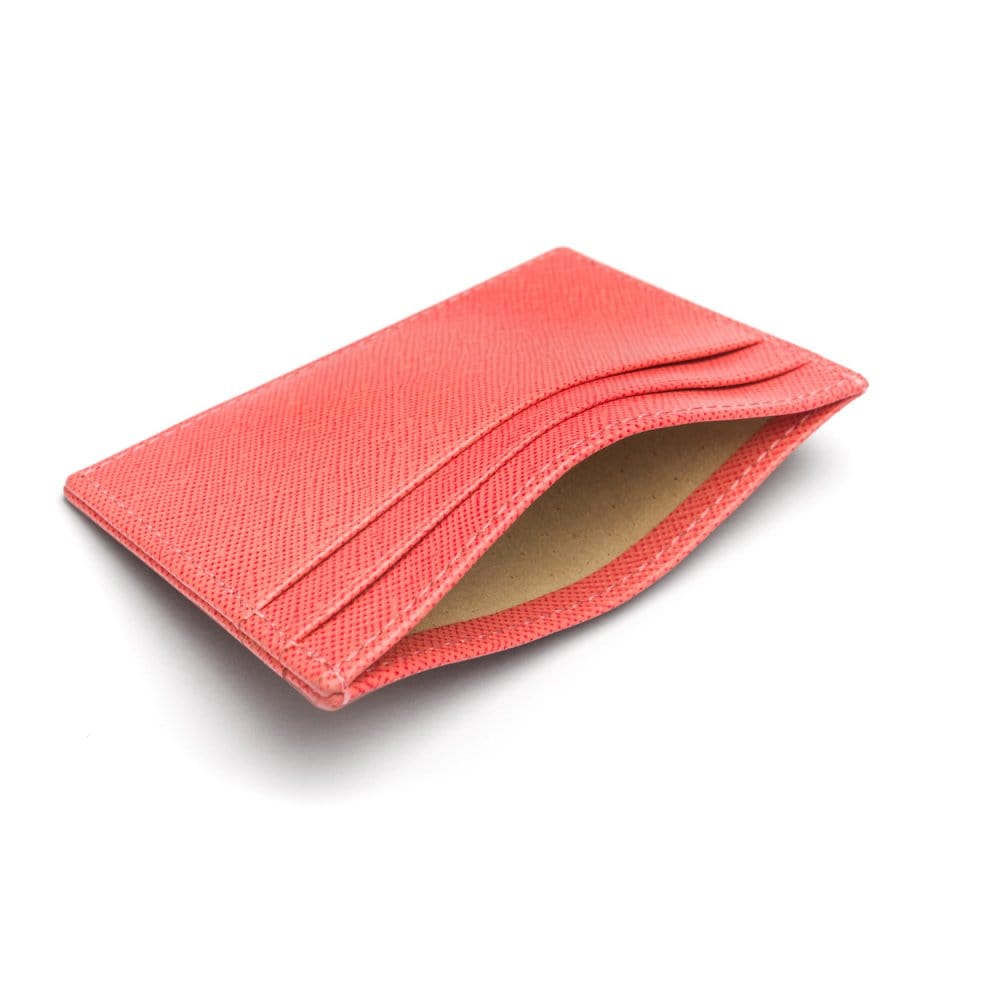 Flat leather credit card wallet 4 CC, pink, inside
