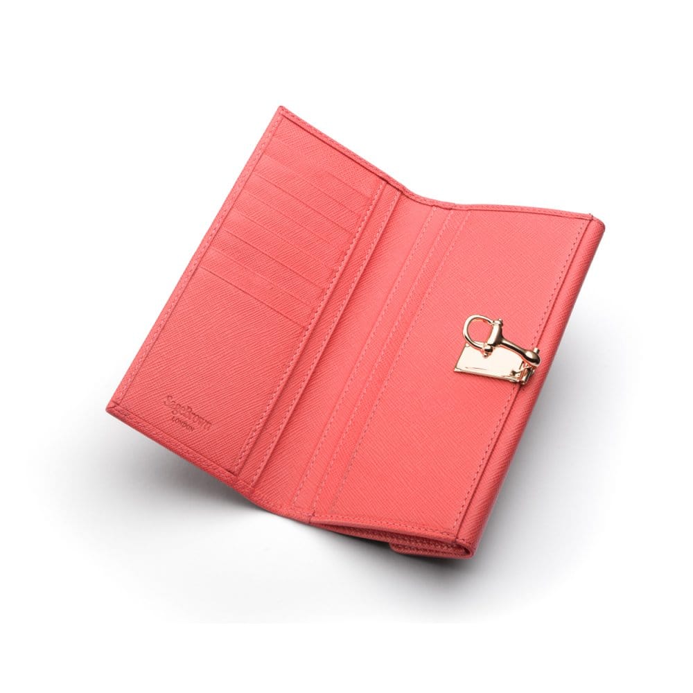 Salmon Pink Ladies Tall Leather Purse With Brass Clasp 8 CC