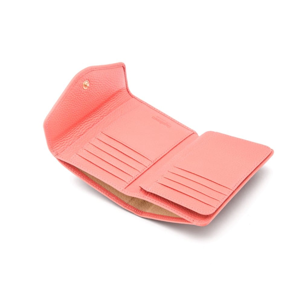 Large leather purse with 15 CC, pink, open