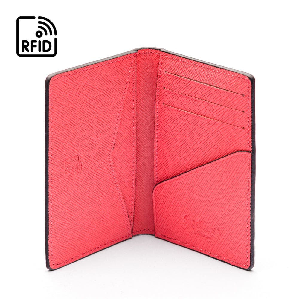 RFID bifold credit card holder, salmon pink saffiano, inside view