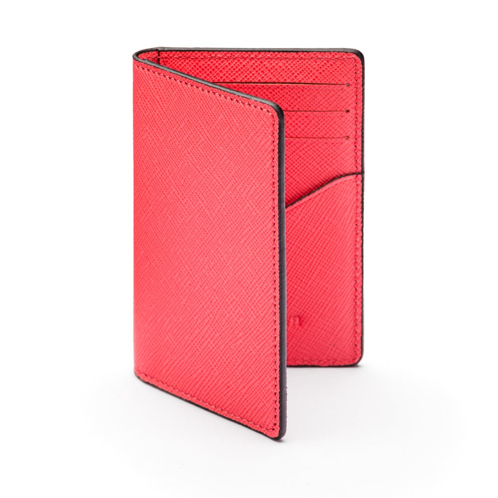RFID bifold credit card holder, salmon pink saffiano, front view