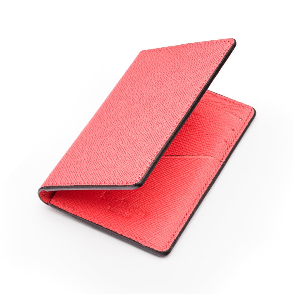 RFID bifold credit card holder, salmon pink saffiano, open view