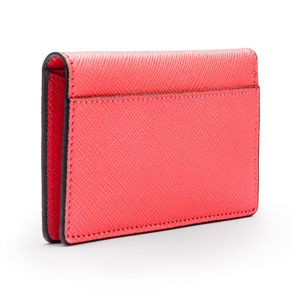 RFID bifold credit card holder, salmon pink saffiano, back view