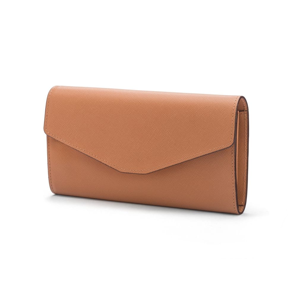 Leather accordion clutch purse with 12 card slots, sand saffiano, front