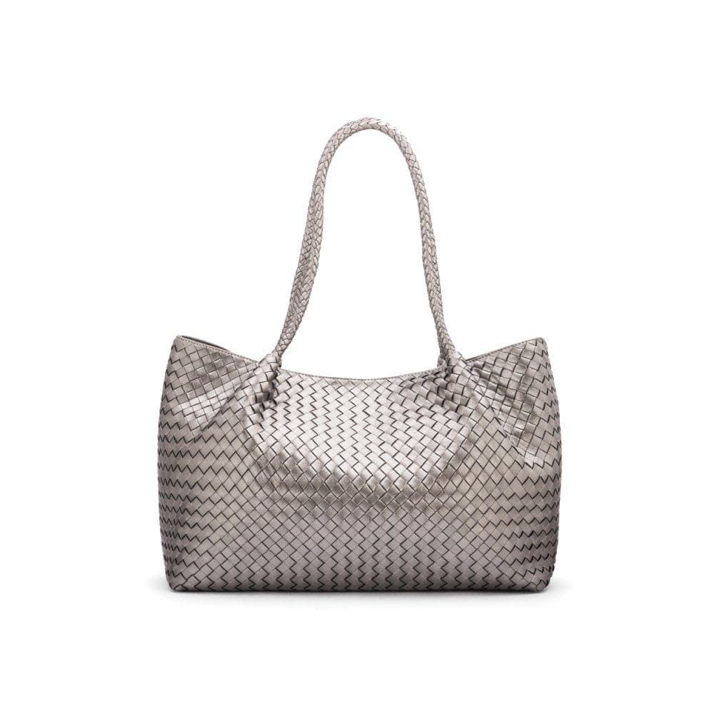 Woven leather slouchy bag, pewter, front