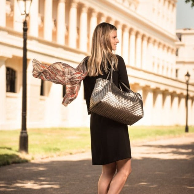 Woven leather slouchy bag, pewter, lifestyle