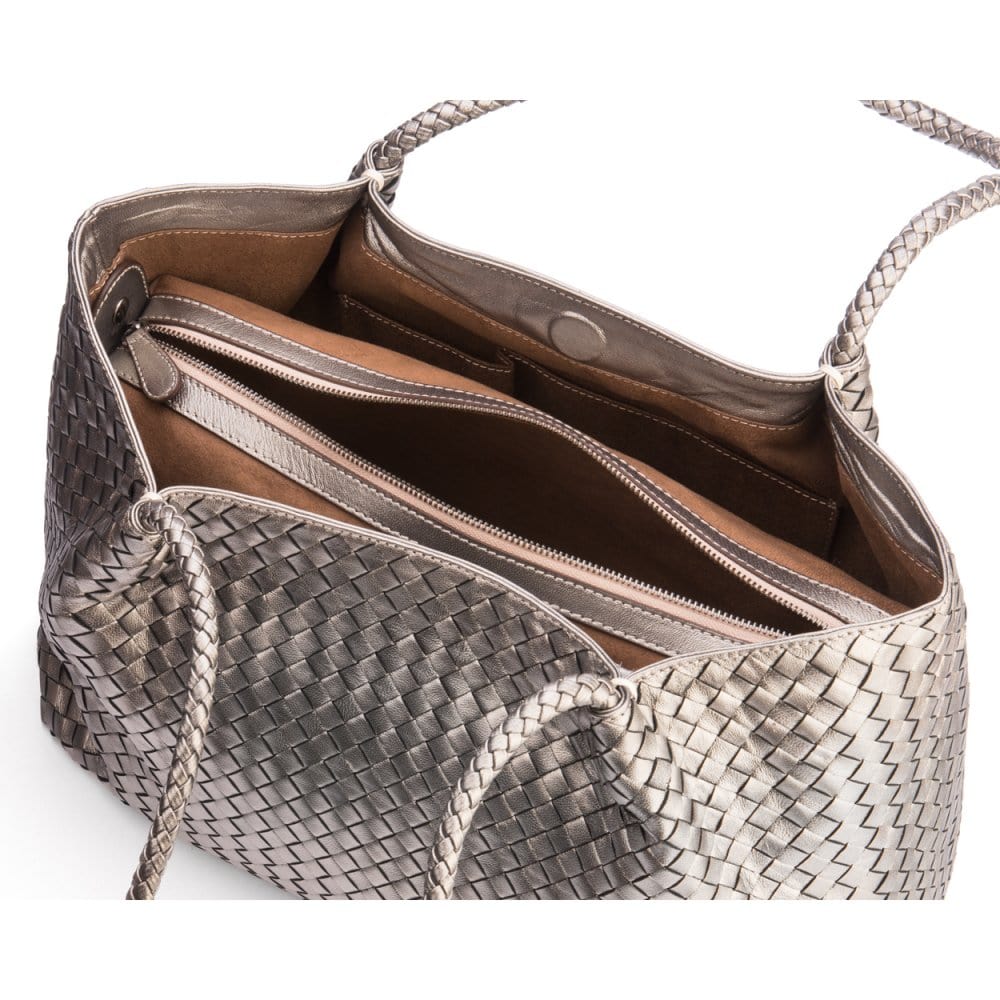 Woven leather slouchy bag, pewter, inner bag