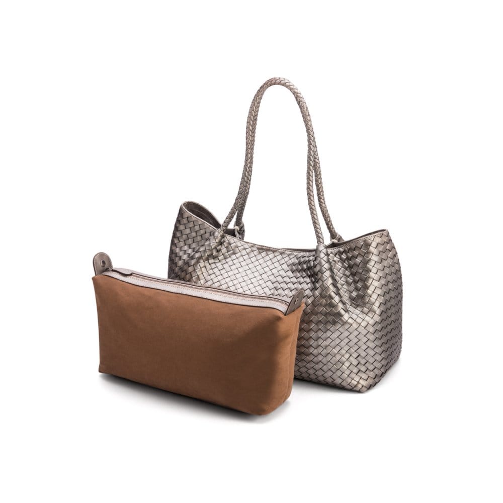 Woven leather slouchy bag, pewter, inner bag removed