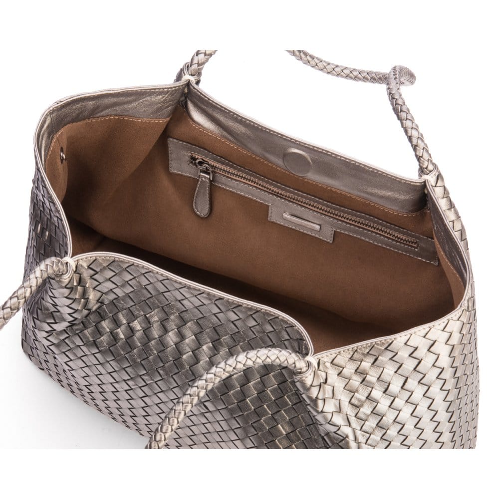 Woven leather slouchy bag, pewter, inner bag removed