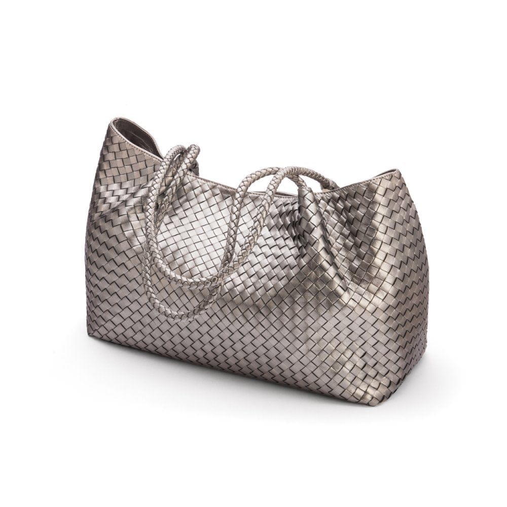 Woven leather slouchy bag, pewter, side