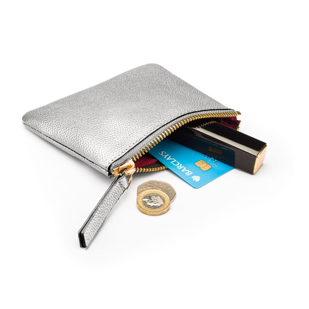 Small leather makeup bag, silver, inside view