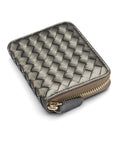 Small zip around woven leather accordion purse, silver, front
