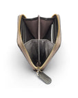 Small zip around woven leather accordion purse, silver, open