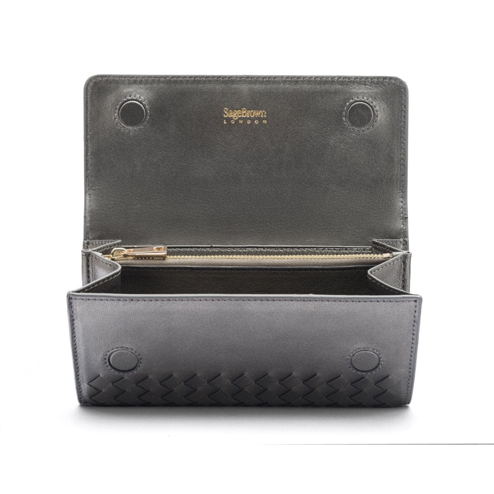 Silver Woven Leather Concertina Tall  Purse