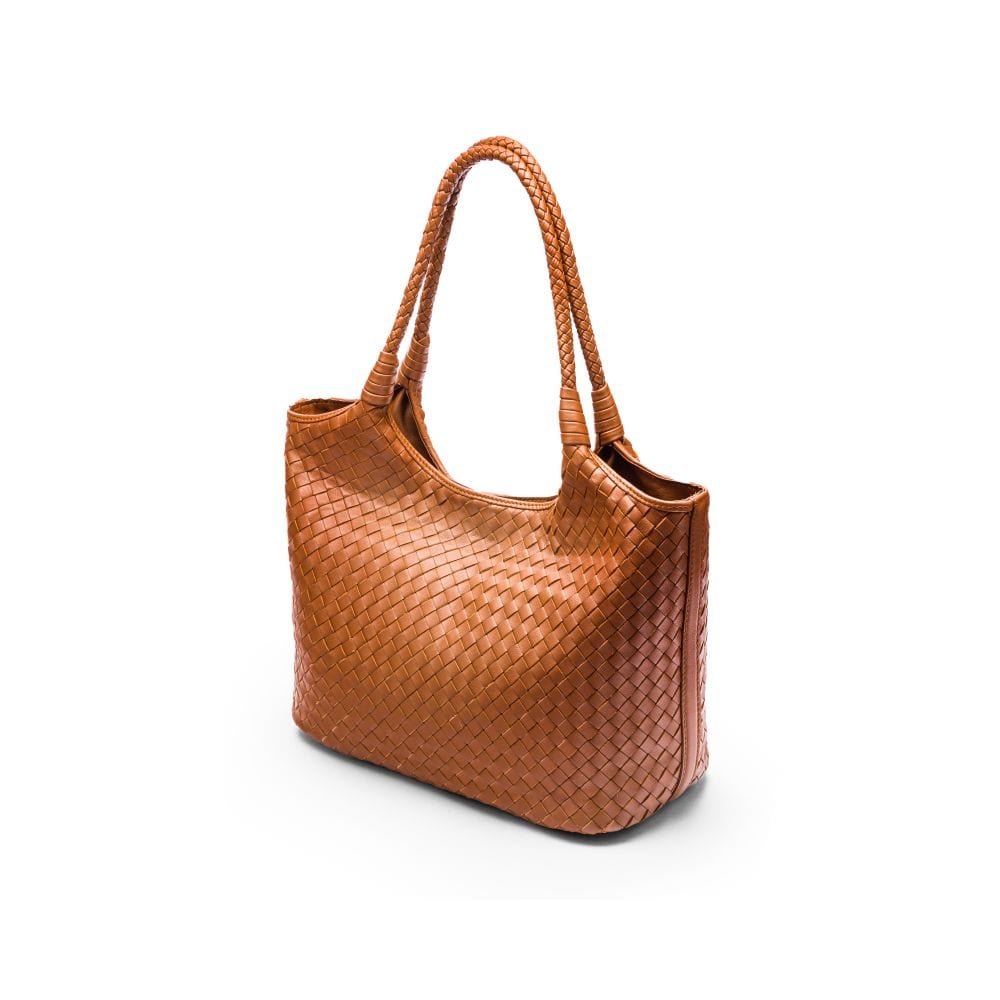 Leather Shoulder Bag, Tan Woven Bag SageBrown