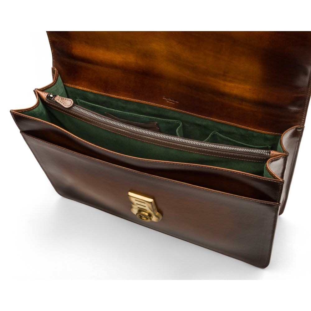 Burnished leather briefcase with brass lock, Harvard, tan, inside