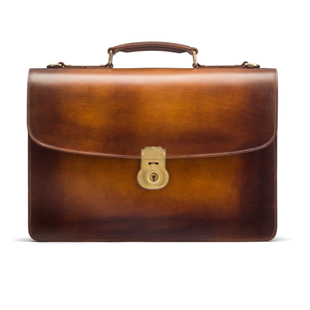 Burnished leather briefcase with brass lock, Harvard, tan, front