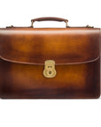Burnished leather briefcase with brass lock, Harvard, tan, front