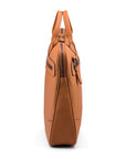 16" slim leather laptop bag, tan, side trapeze view