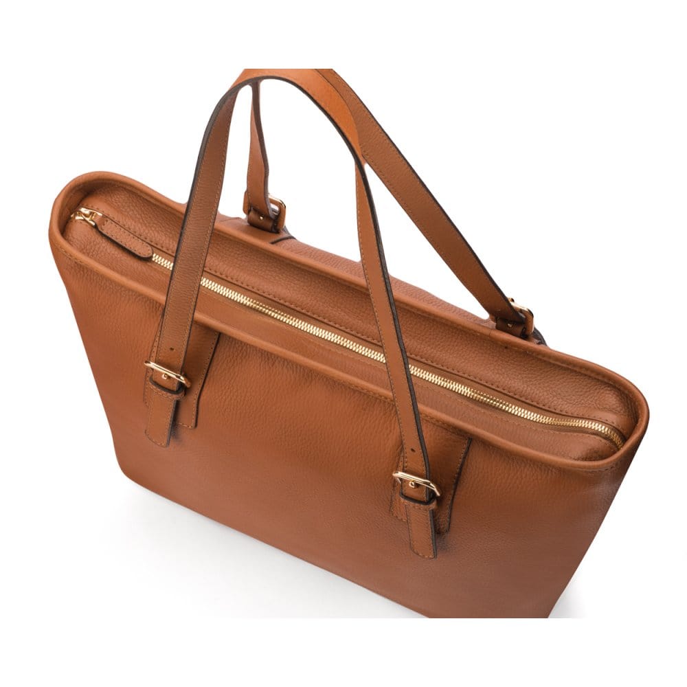 Women's leather 13" laptop workbag, tan, zip closure