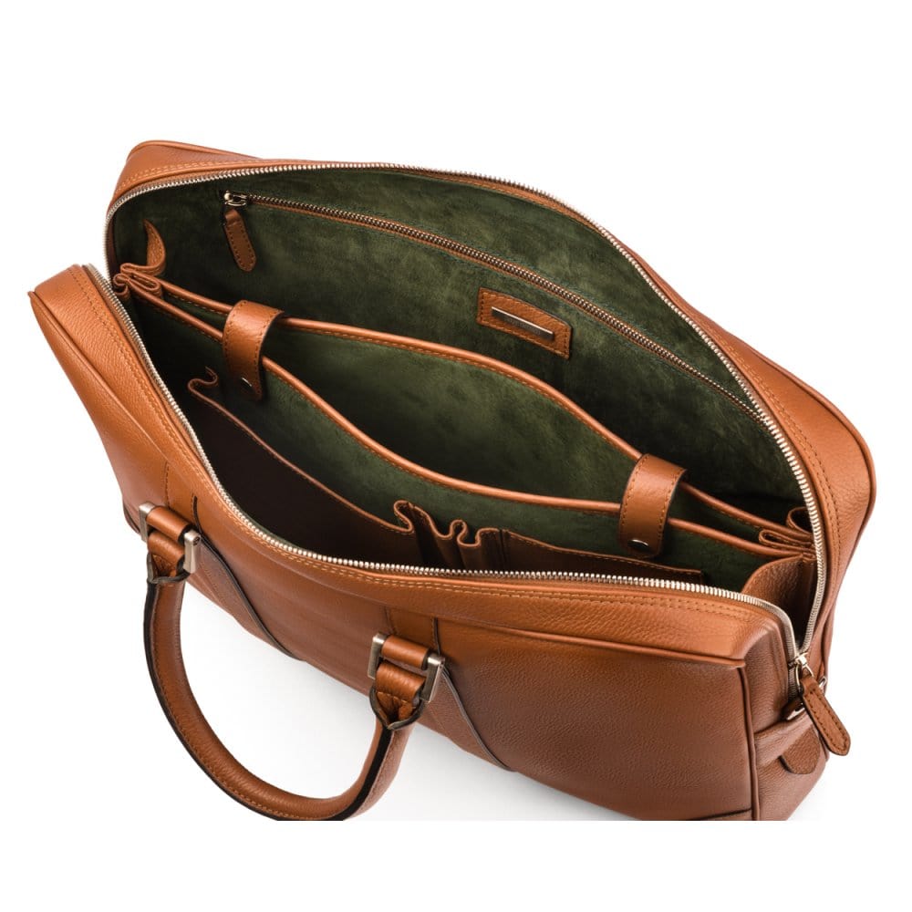 15" leather laptop bag, tan, inside