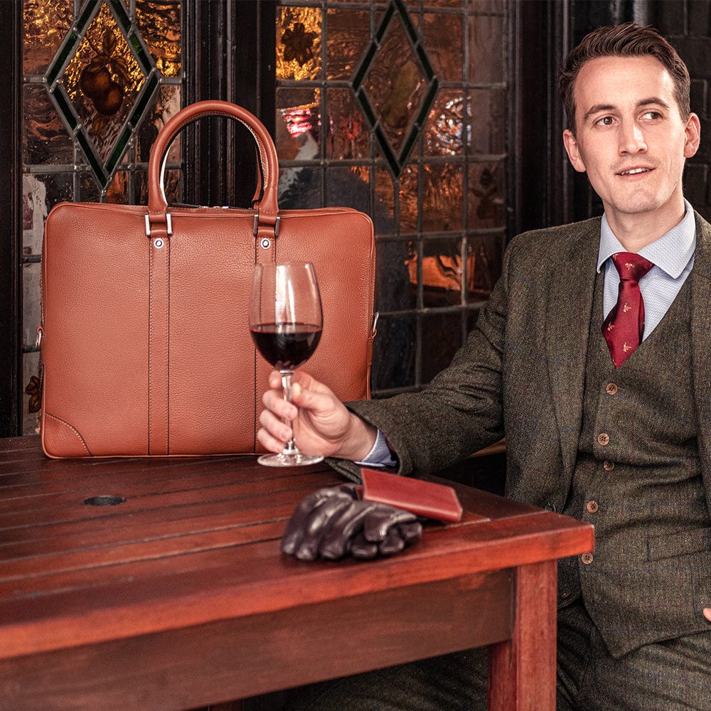 15" leather laptop bag, tan, lifestyle