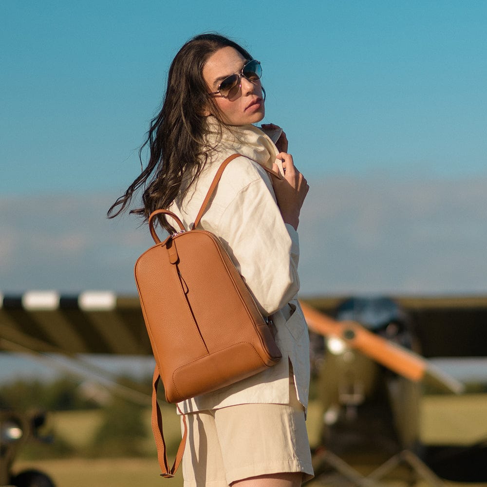 Ladies slim leather backpack, tan, lifestyle image