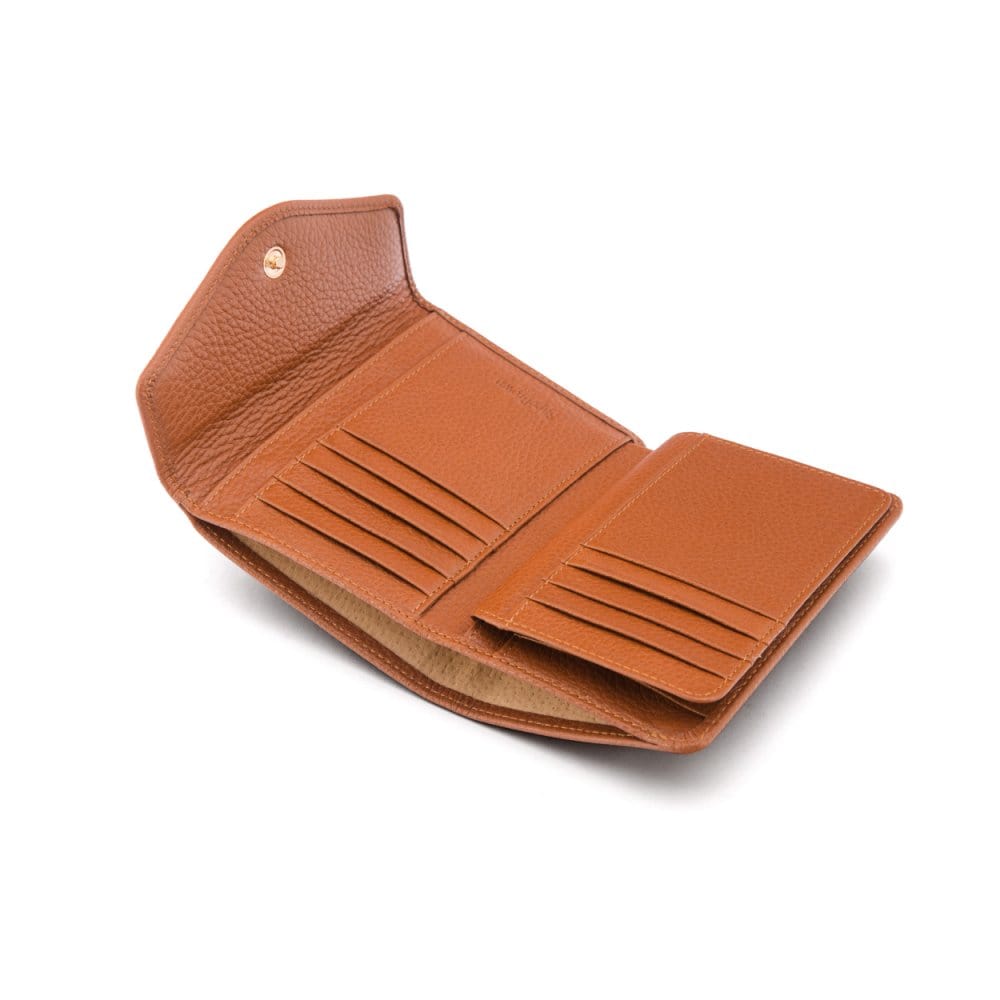 Large leather purse with 15 CC, tan, open