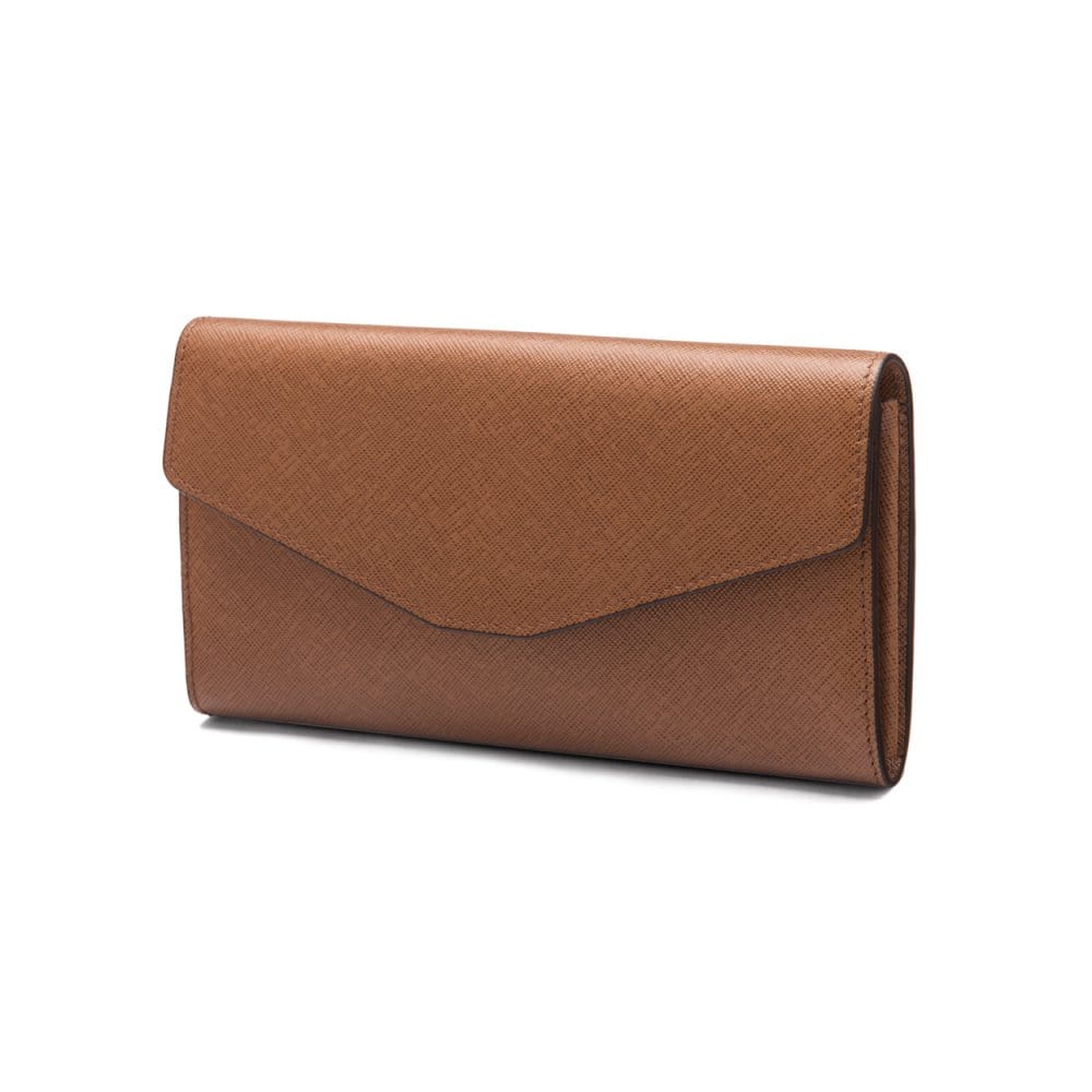 Leather accordion clutch purse with 12 card slots, tan saffiano, front