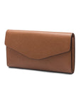 Leather accordion clutch purse with 12 card slots, tan saffiano, front