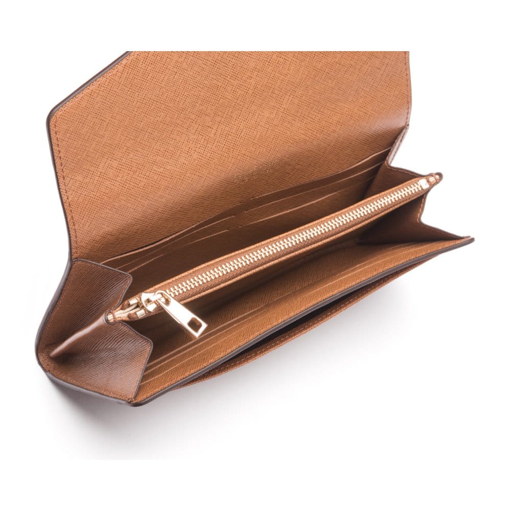 Leather accordion clutch purse with 12 card slots, tan saffiano, inside