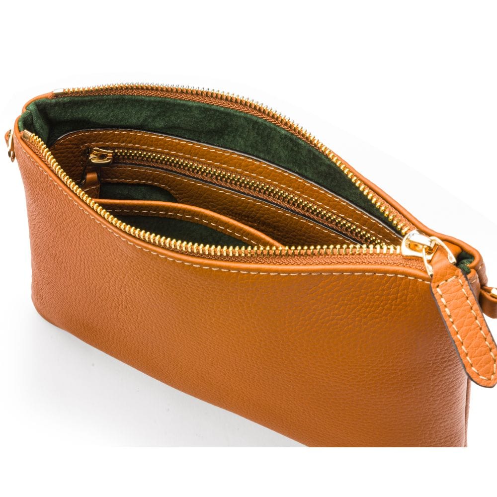 Leather cross body bag with chain strap, tan, inside