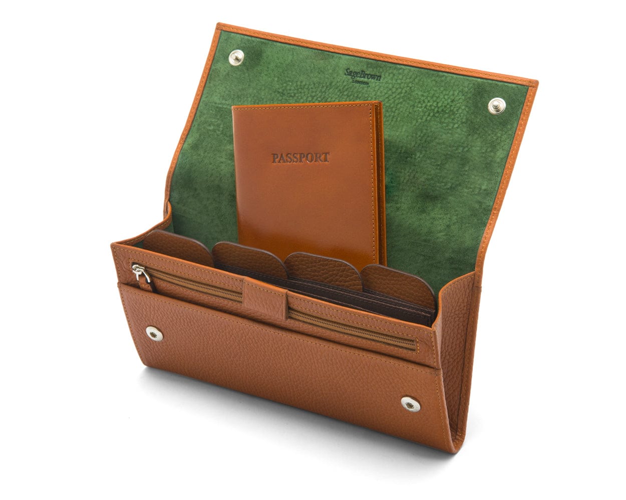 Luxury leather travel wallet, tan, open