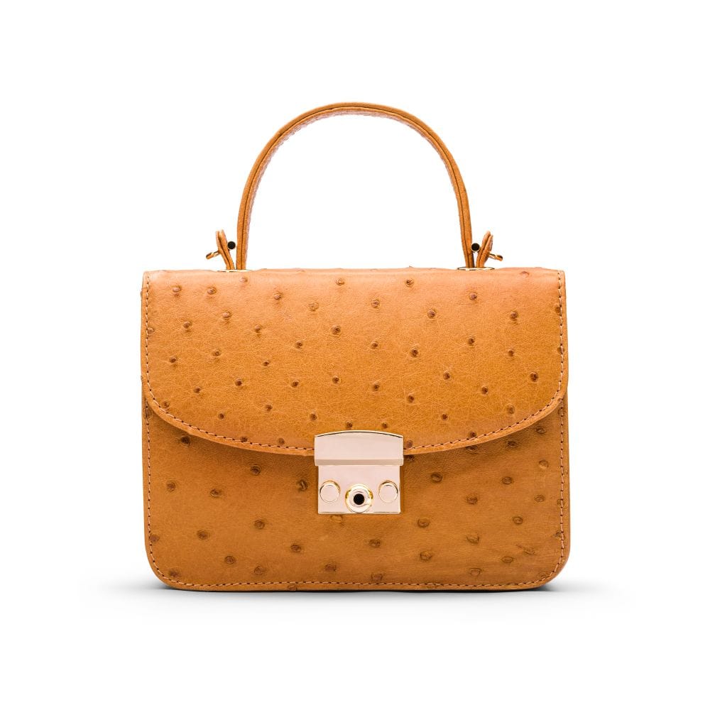 Ostrich leather Betty bag with top handle, tan ostrich, front