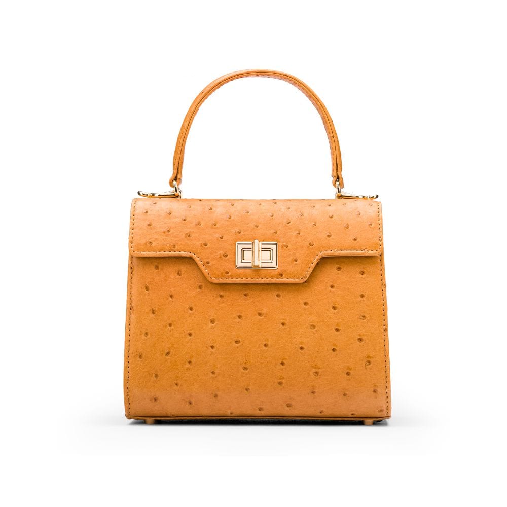 Mini ostrich leather Morgan Bag, top handle bag, tan, front