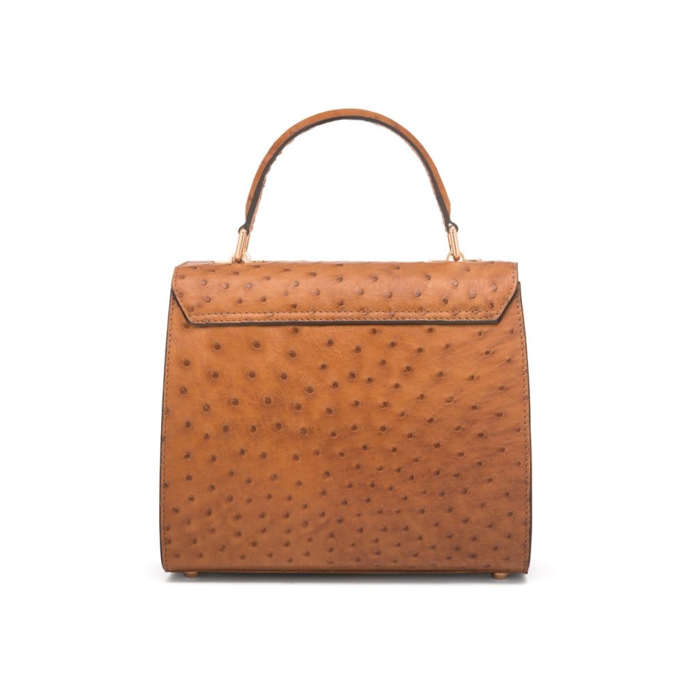 Real ostrich top handle bag, tan, back view