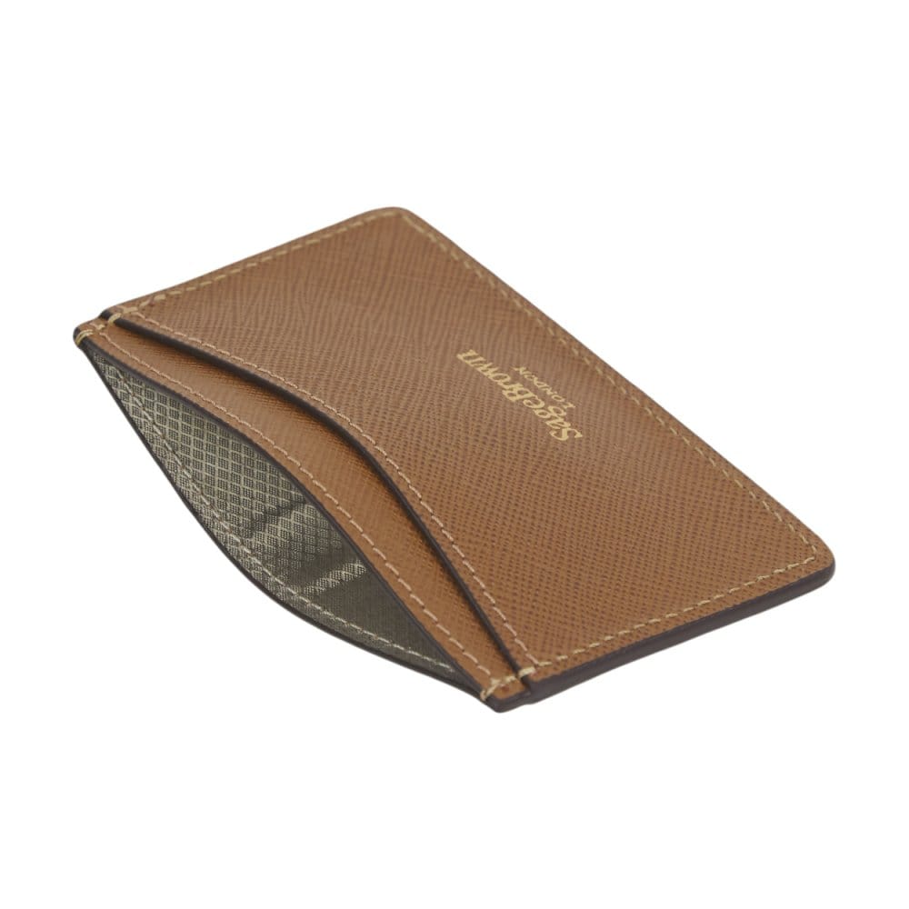 Tan Saffiano Flat Leather Credit Card Case With RFID Blocking Lining