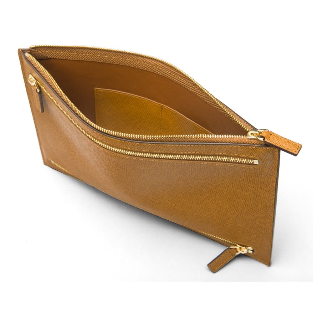 Leather travel document and currency case, tan, inside
