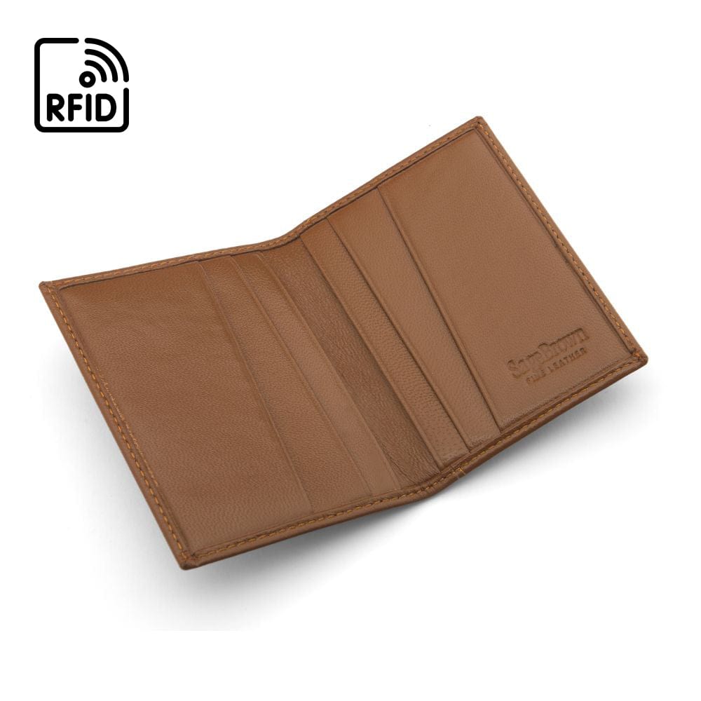 RFID leather credit card holder, light tan, open view