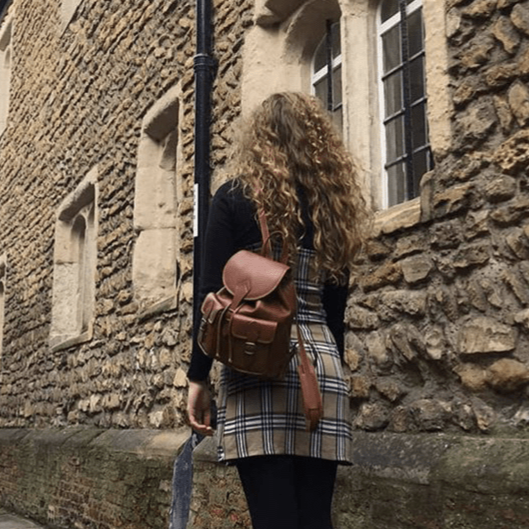 Small leather backpack, tan, lifestyle